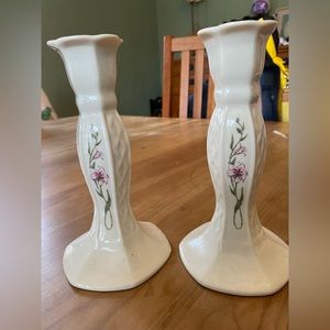 Belleek Ireland country trellis candlesticks